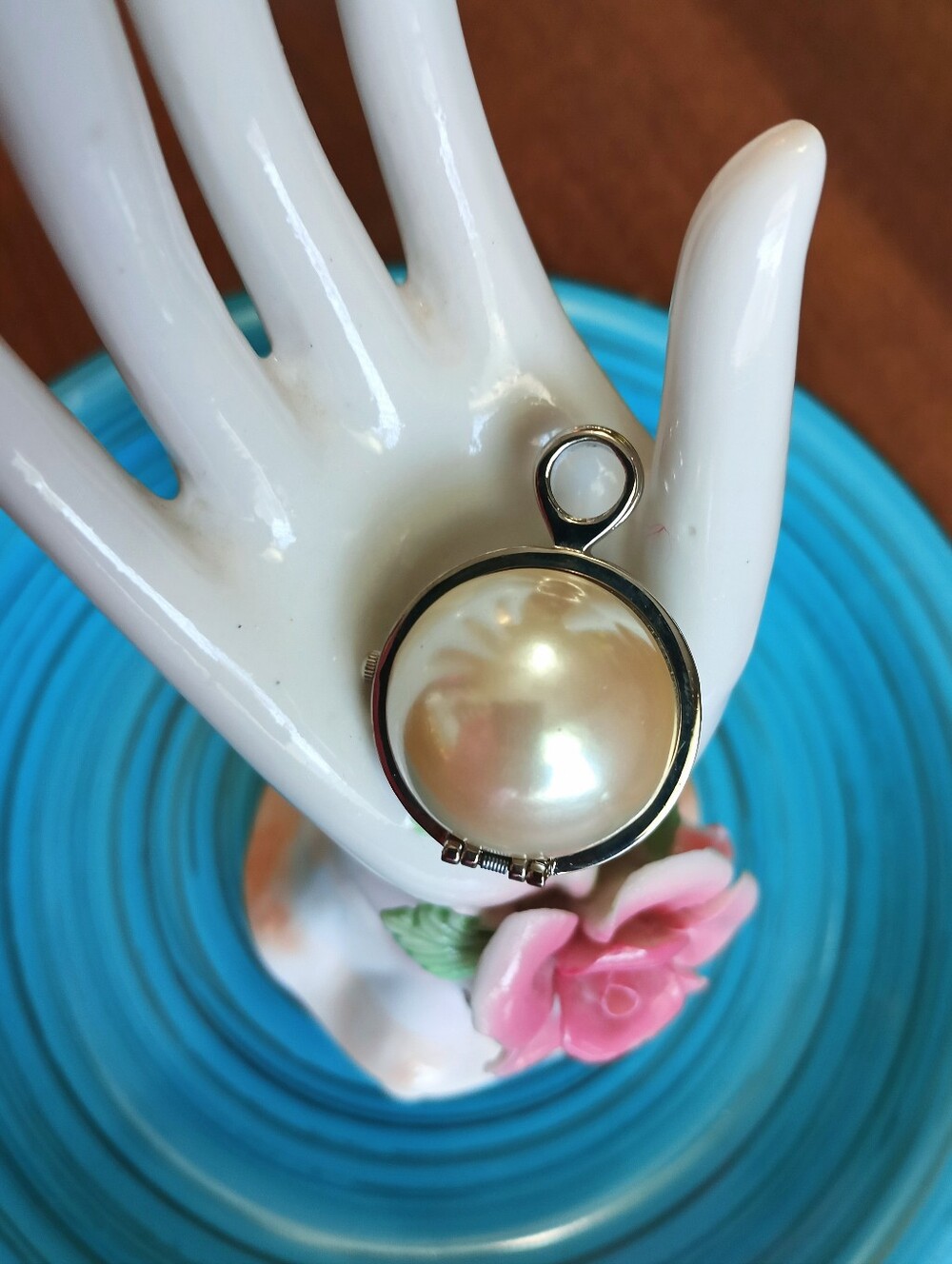 Vintage Xanadu Quartz Pearl and Rhinestone Silver Ball Locket Watch Pendant
